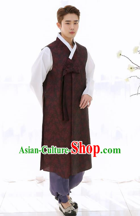 Asian Korean National Traditional Formal Occasions Wedding Bridegroom Embroidery Dark Red Long Vest Palace Hanbok Costume Complete Set for Men