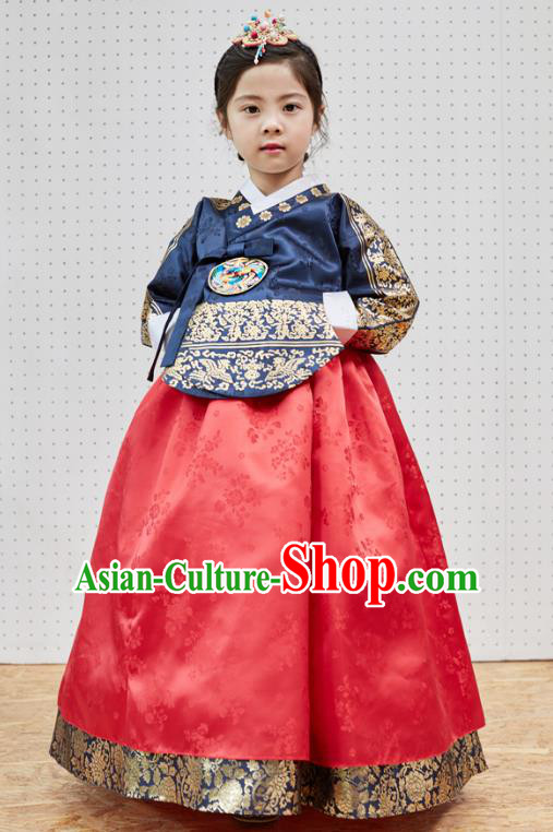 Traditional Korean National Handmade Formal Occasions Girls Clothing Palace Hanbok Costume Embroidered Navy Blouse and Red Dress for Kids