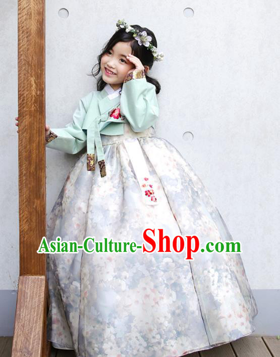 Traditional Korean National Handmade Formal Occasions Girls Clothing Palace Hanbok Costume Embroidered Green Blouse and White Dress for Kids