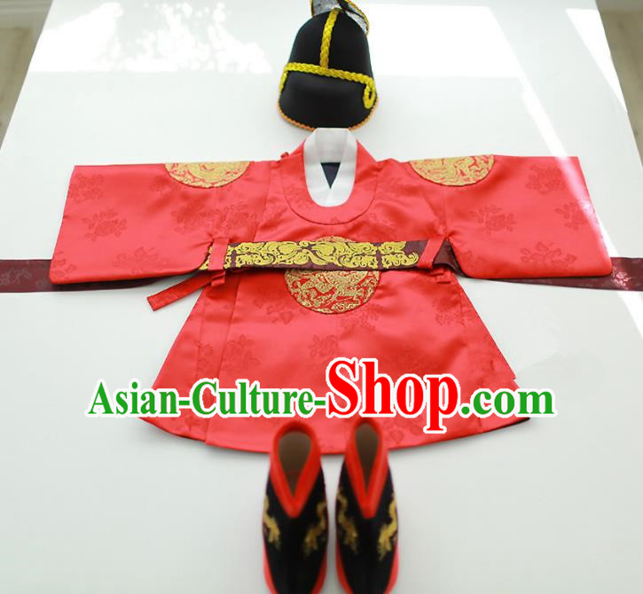 Asian Korean National Traditional Handmade Formal Occasions Boys Embroidery Red Robe Hanbok Costume for Kids