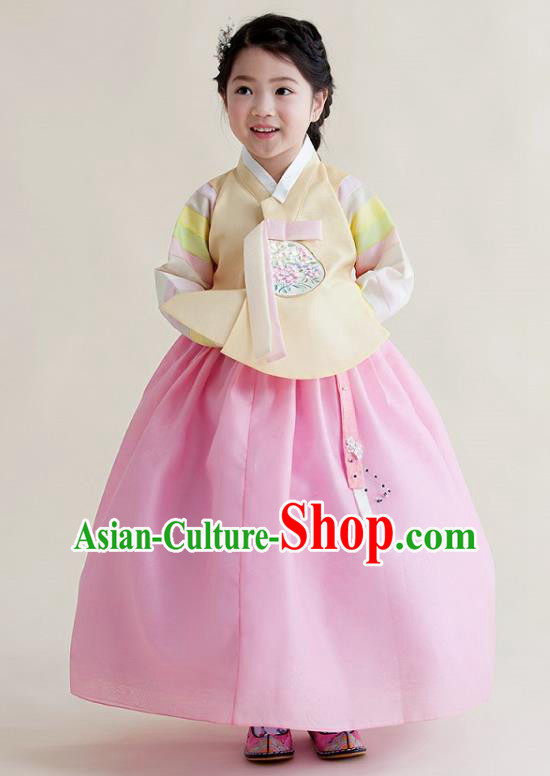 Korean National Handmade Formal Occasions Girls Clothing Palace Hanbok Costume Embroidered Yellow Blouse and Pink Dress for Kids