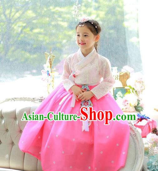 Traditional Korean National Handmade Formal Occasions Girls Palace Hanbok Costume Embroidered Pink Lace Blouse and Dress for Kids