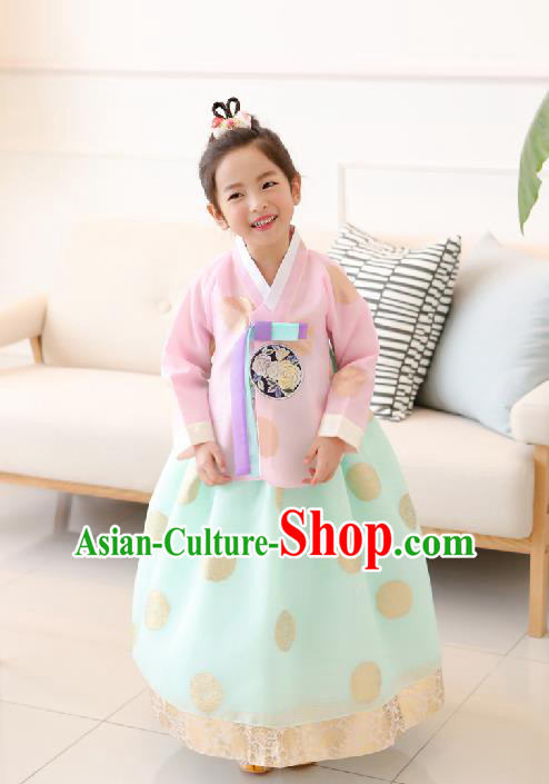 Traditional Korean National Handmade Formal Occasions Girls Clothing Palace Hanbok Costume Embroidered Pink Blouse and Green Dress for Kids