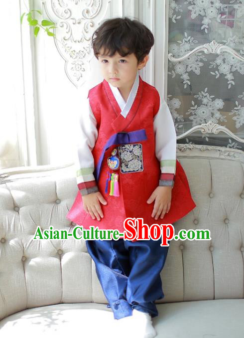 Asian Korean National Traditional Handmade Formal Occasions Boys Embroidered Red Vest Hanbok Costume Complete Set for Kids
