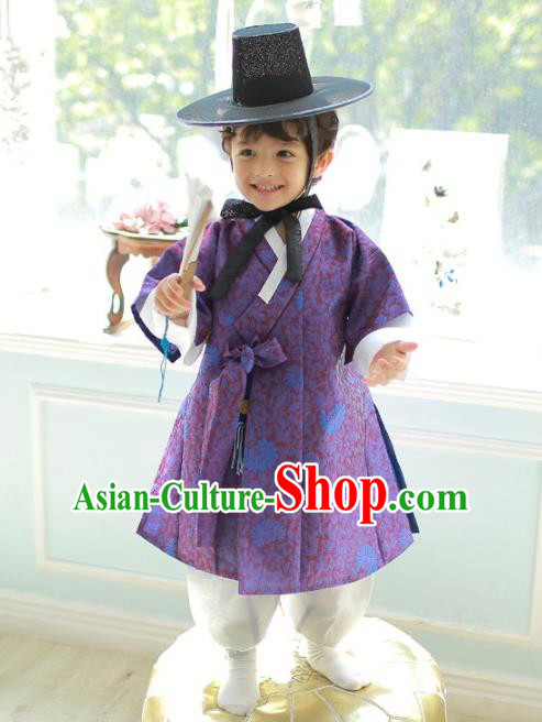 Asian Korean National Traditional Handmade Formal Occasions Boys Embroidered Purple Vest Hanbok Costume Complete Set for Kids