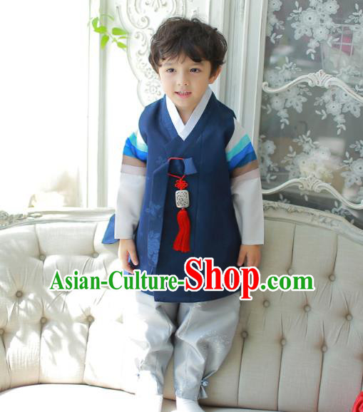 Asian Korean National Traditional Handmade Formal Occasions Boys Embroidered Deep Blue Vest Hanbok Costume Complete Set for Kids