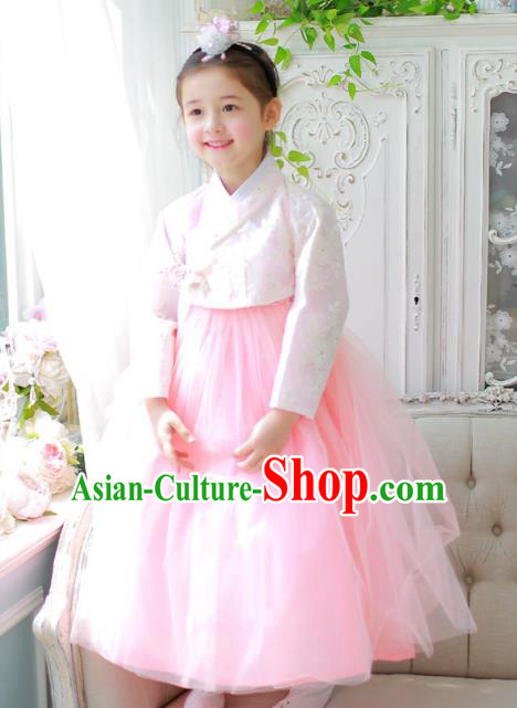 Traditional Korean National Handmade Formal Occasions Girls Palace Hanbok Costume Embroidered Pink Blouse and Dress for Kids