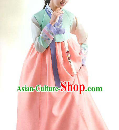 Top Grade Korean National Handmade Wedding Palace Bride Hanbok Costume Embroidered Green Blouse and Orange Dress for Women