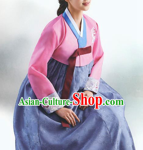 Top Grade Korean National Handmade Wedding Palace Bride Hanbok Costume Embroidered Pink Blouse and Purple Dress for Women