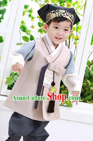 Asian Korean National Traditional Handmade Formal Occasions Boys Embroidery Beige Vest Hanbok Costume Complete Set for Kids