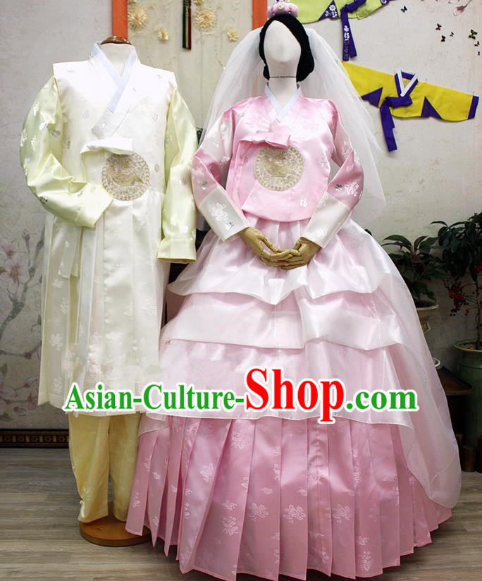 Traditional Korean National Handmade Formal Occasions Wedding Clothing Bride and Bridegroom Palace Hanbok Embroidered Costume Complete Set