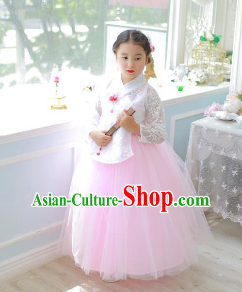 Traditional Korean National Handmade Formal Occasions Girls Clothing Palace Hanbok Costume White Lace Blouse and Pink Dress for Kids