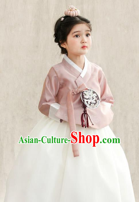 Traditional Korean National Handmade Formal Occasions Girls Palace Hanbok Costume Embroidered Pink Blouse and White Dress for Kids