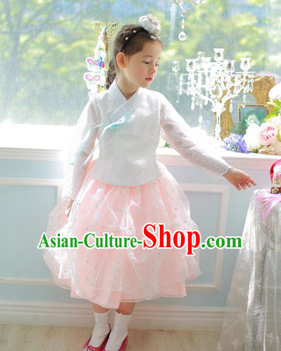 Traditional Korean National Handmade Formal Occasions Girls Palace Hanbok Costume Embroidered White Lace Blouse and Orange Dress for Kids