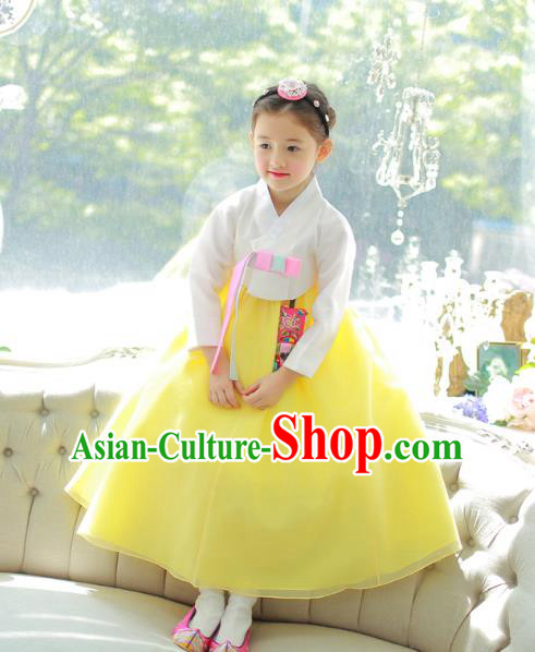 Traditional Korean National Handmade Formal Occasions Girls Palace Hanbok Costume Embroidered White Blouse and Yellow Dress for Kids