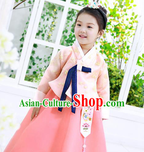 Traditional Korean National Handmade Formal Occasions Girls Palace Hanbok Costume Embroidered Pink Blouse and Dress for Kids