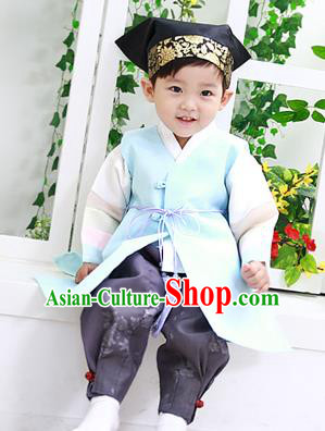 Asian Korean National Traditional Handmade Formal Occasions Boys Embroidery Clothing Blue Vest Hanbok Costume Complete Set for Kids