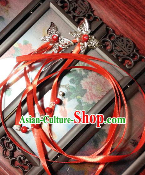Traditional Chinese Ancient Classical Hair Accessories Butterfly Hair Clip Bride Red Ribbon Tassel Step Shake Hairpins for Women