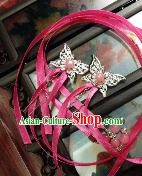 Traditional Chinese Ancient Classical Hair Accessories Butterfly Hair Clip Bride Rosy Ribbon Tassel Step Shake Hairpins for Women