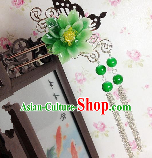Traditional Chinese Ancient Classical Hair Accessories Hanfu Green Flower Hair Clip Tassel Step Shake Bride Hairpins for Women