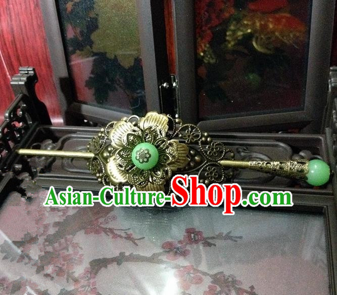 Traditional Handmade Chinese Classical Hair Accessories, Ancient Royal Highness Green Beads Tuinga Hairdo Crown for Men