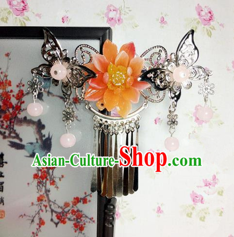 Traditional Chinese Ancient Classical Hair Accessories Princess Orange Flower Butterfly Hair Comb Tassel Step Shake Hairpins for Women