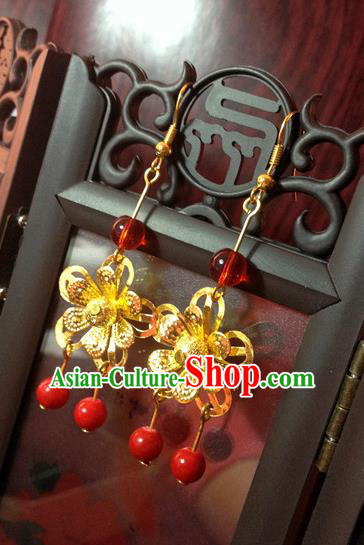 Traditional Handmade Chinese Ancient Classical Accessories Bride Wedding Xiuhe Suit Golden Wintersweet Tassel Earrings for Women