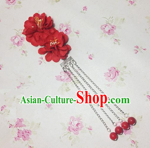 Traditional Chinese Ancient Classical Hair Accessories Hanfu Red Flowers Tassel Step Shake Bride Hairpins for Women
