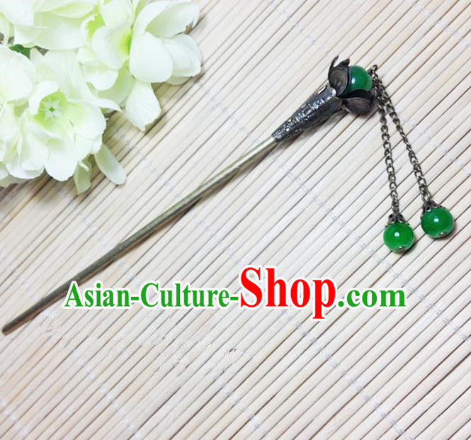 Traditional Chinese Ancient Classical Hair Accessories Hanfu Green Beads Hair Clip Tassel Step Shake Hairpins for Women