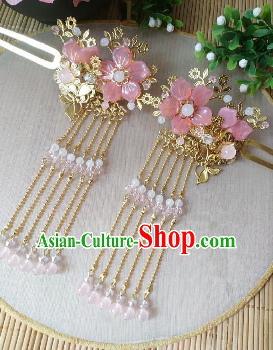 Traditional Chinese Ancient Classical Hair Accessories Hanfu Pink Flowers Tassel Hair Clip Step Shake Hairpins for Women