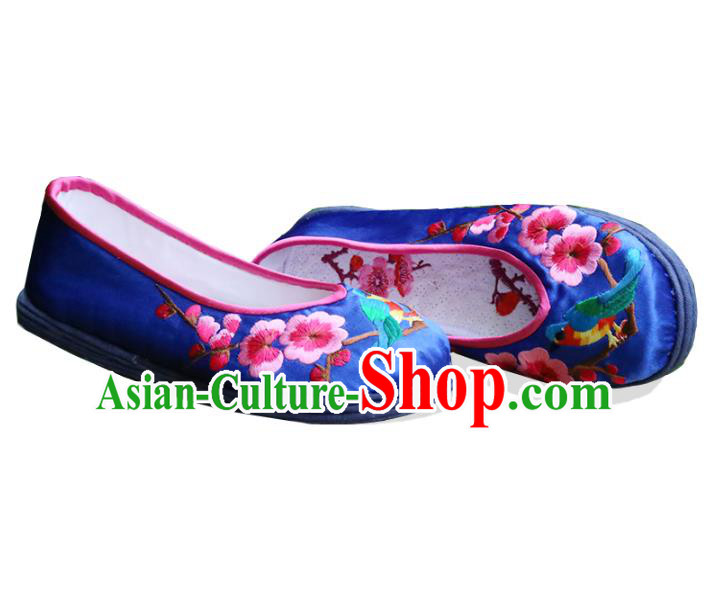 Asian Chinese Traditional Shoes Bride Blue Embroidered Shoes, China Peking Opera Handmade Embroidery Wintersweet Shoe Hanfu Princess Shoes for Women