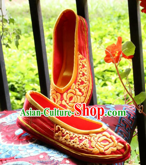 Asian Chinese Traditional Shoes Bride Red Xiuhe Suit Embroidered Shoes, China Peking Opera Handmade Embroidery Shoe Hanfu Princess Shoes for Women