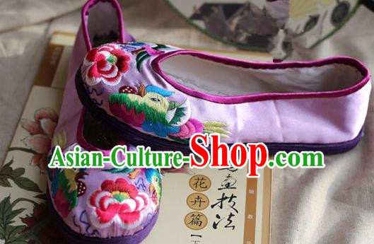 Asian Chinese Traditional Shoes Lilac Embroidered Shoes, China Peking Opera Handmade Embroidery Mandarin Duck Shoe Hanfu Princess Shoes for Women
