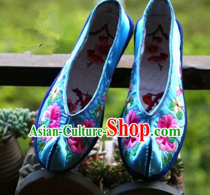 Asian Chinese Traditional Shoes Wedding Bride Blue Embroidered Shoes, China Handmade Embroidery Hanfu Shoes for Women