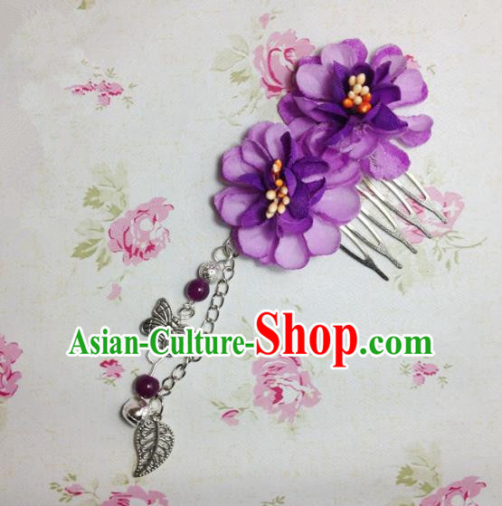 Traditional Chinese Ancient Classical Hair Accessories Hanfu Purple Flowers Hair Comb Bride Butterfly Tassel Hairpins for Women