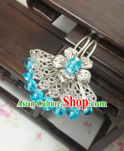 Traditional Chinese Ancient Classical Hair Accessories Hanfu Blue Beads Tassel Hair Clip Bride Hairpins for Women