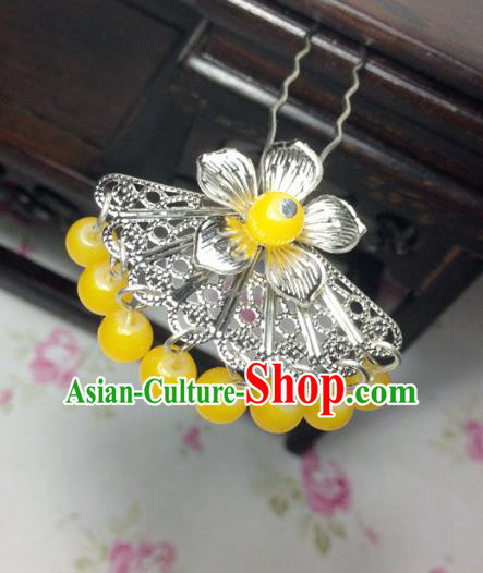 Traditional Chinese Ancient Classical Hair Accessories Hanfu Yellow Beads Tassel Hair Clip Bride Hairpins for Women