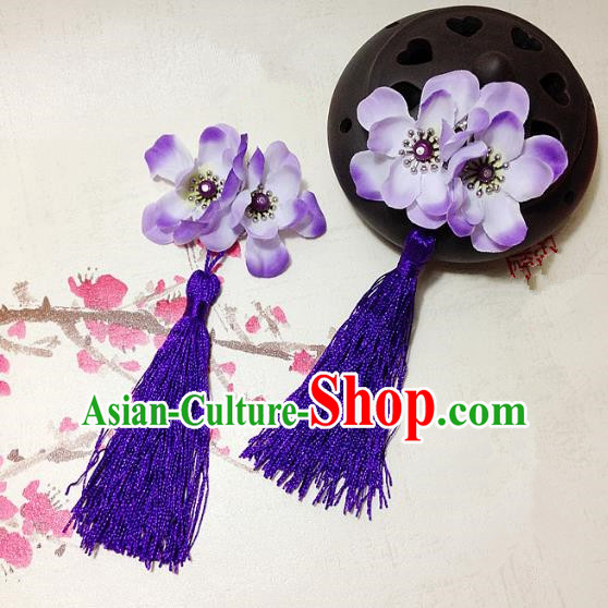 Traditional Chinese Ancient Classical Hair Accessories Hanfu Purple Flowers Tassel Hair Stick Bride Hairpins for Women