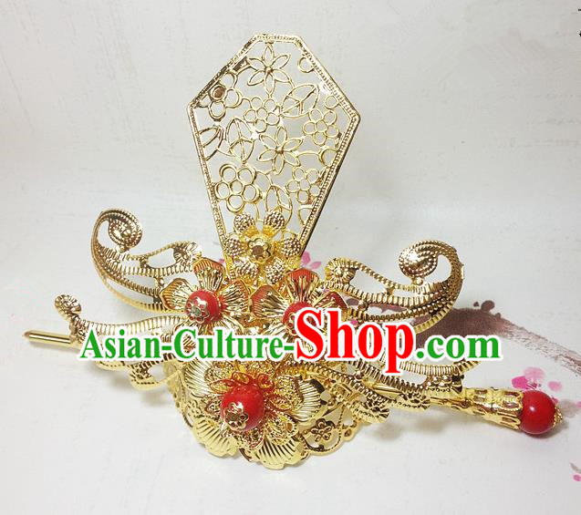 Traditional Handmade Chinese Classical Hair Accessories, Ancient Royal Highness Headband Golden Tuinga Hairdo Crown for Men