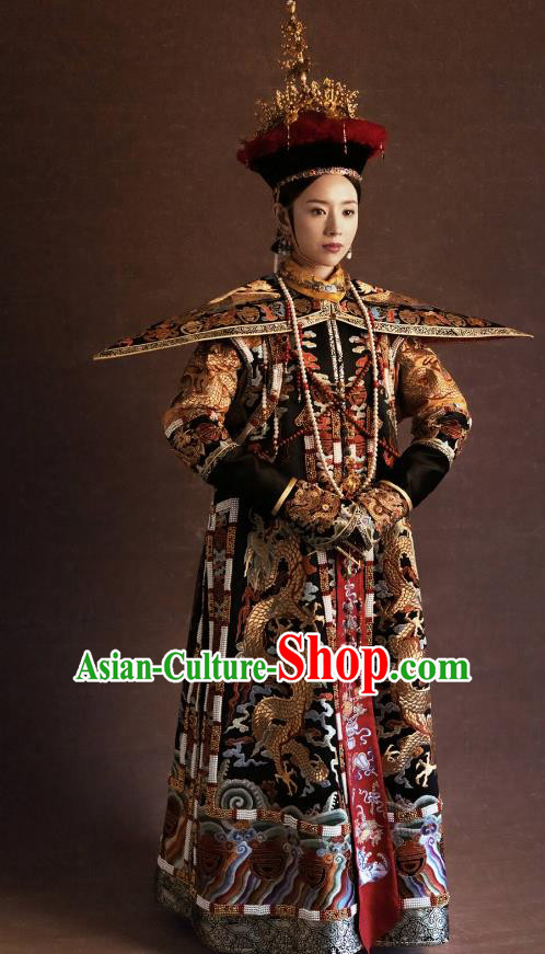 Traditional Ancient Chinese Qing Dynasty Manchu Lady Imperial Empress Embroidered Costume and Headpiece Complete Set