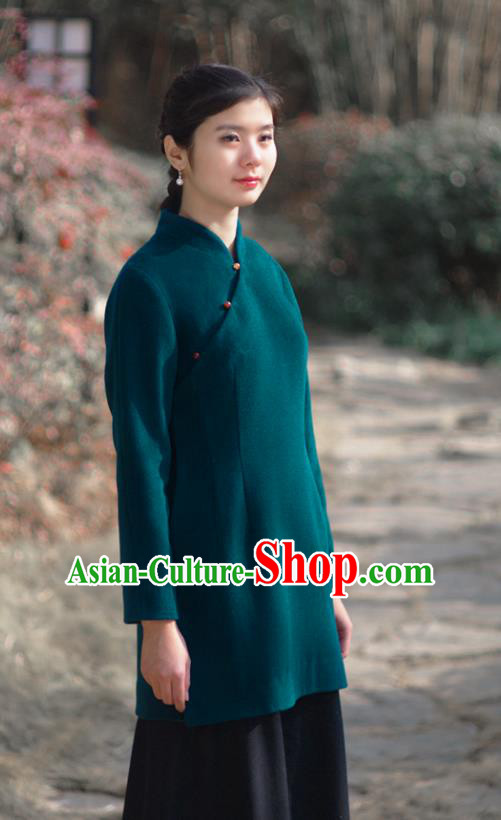 Asian China National Costume Hanfu Slant Opening Green Woolen Qipao Coat, Traditional Chinese Tang Suit Cheongsam Shirts Clothing for Women