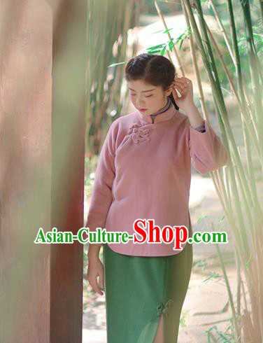 Asian China National Costume Hanfu Slant Opening Pink Woolen Qipao Blouse, Traditional Chinese Tang Suit Cheongsam Shirts Clothing for Women
