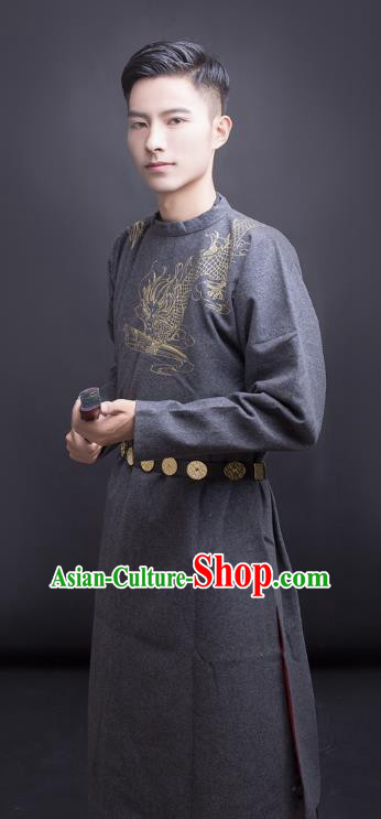 Asian China Tang Dynasty Swordsman Costume Grey Robe, Traditional Ancient Chinese Imperial Bodyguard Embroidered Clothing for Men