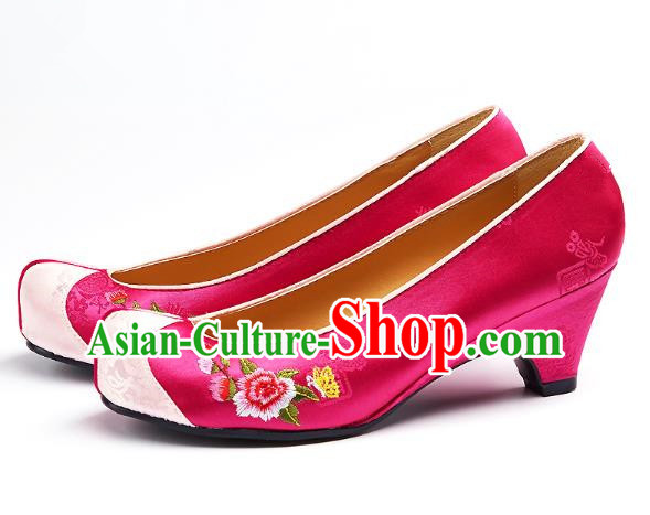 Traditional Korean National Embroidered Shoes, Asian Korean Hanbok Rosy Wedding Shoes for Women