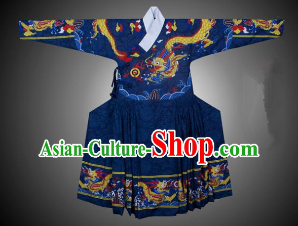 Asian China Ming Dynasty Swordsman Costume Printing Blue Robe, Traditional Ancient Chinese Imperial Bodyguard Hanfu Clothing for Men