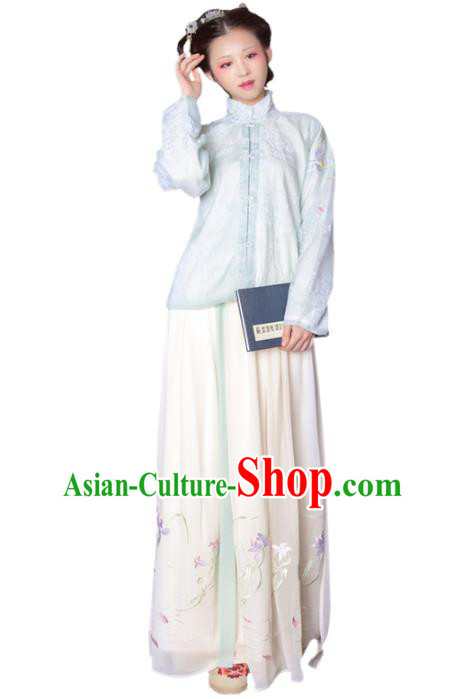 Asian China Ming Dynasty Princess Costume Green Blouse and Skirt, Traditional Ancient Chinese Palace Lady Hanfu Embroidered Clothing for Women