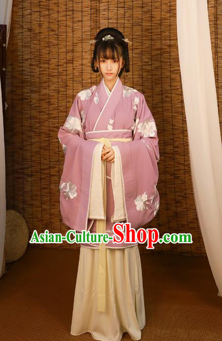 Asian China Han Dynasty Imperial Princess Costume Purple Curve Bottom, Traditional Ancient Chinese Hanfu Embroidered Clothing for Women