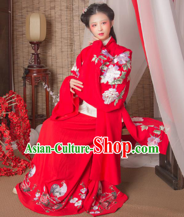 Asian China Ming Dynasty Imperial Princess Red Cloak, Traditional Ancient Chinese Hanfu Embroidered Cape Clothing for Women