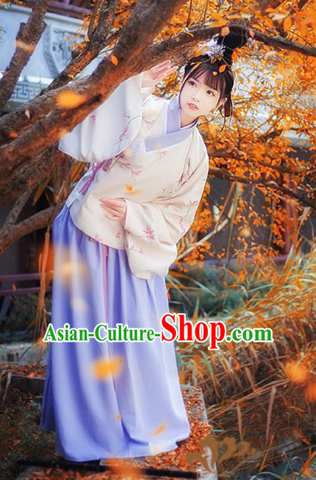 Asian China Ming Dynasty Princess Costume Printing Blouse and Skirt, Traditional Ancient Chinese Palace Lady Hanfu Clothing for Women