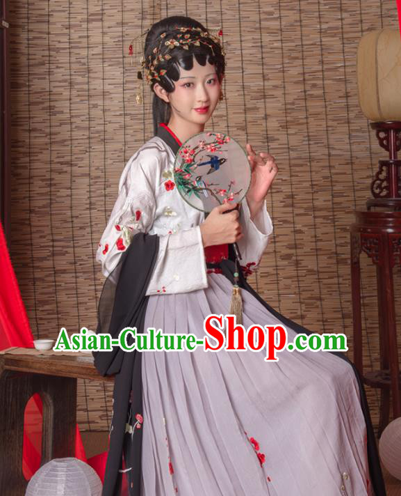 Asian China Tang Dynasty Imperial Consort White Costume Complete Set, Traditional Ancient Chinese Imperial Princess Hanfu Embroidered Clothing for Women